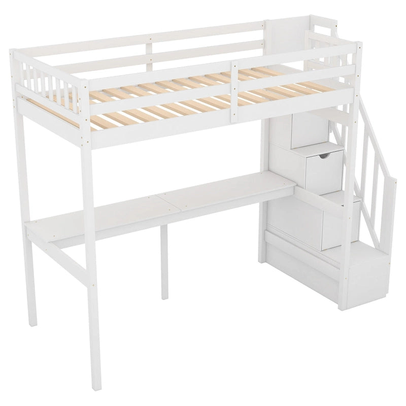 White Wood Loft Bed with Built-in Desk Storage Staircase Guardrail