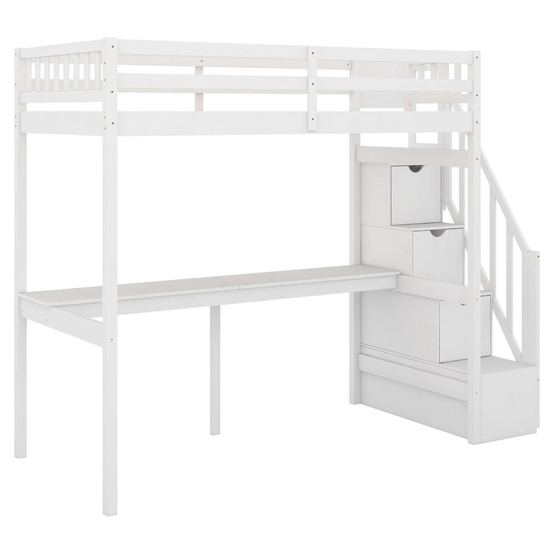 White Wood Loft Bed with Built-in Desk Storage Staircase Guardrail