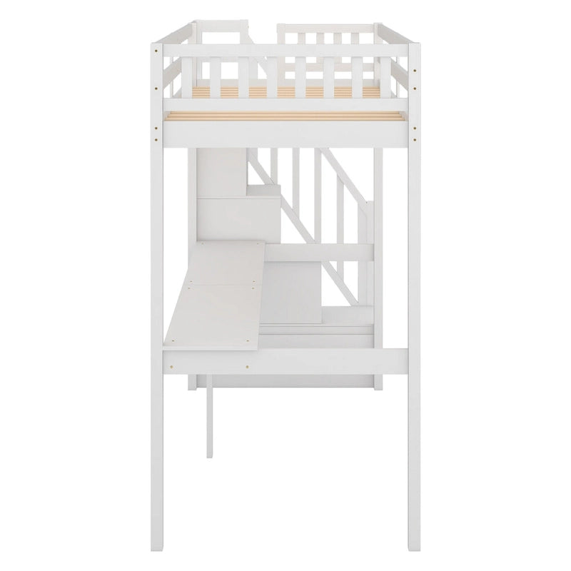 White Wood Loft Bed with Built-in Desk Storage Staircase Guardrail