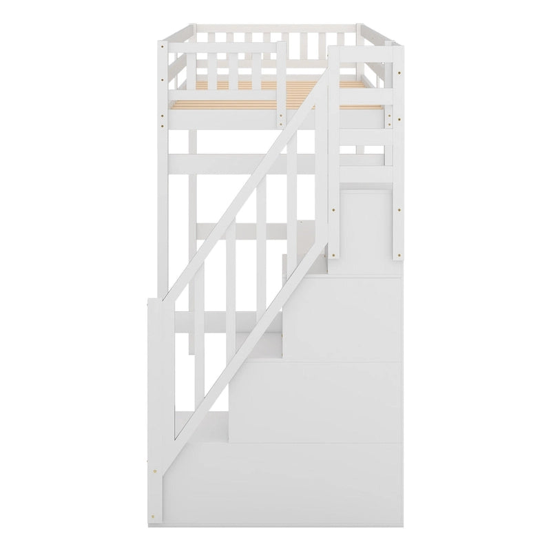 White Wood Loft Bed with Built-in Desk Storage Staircase Guardrail