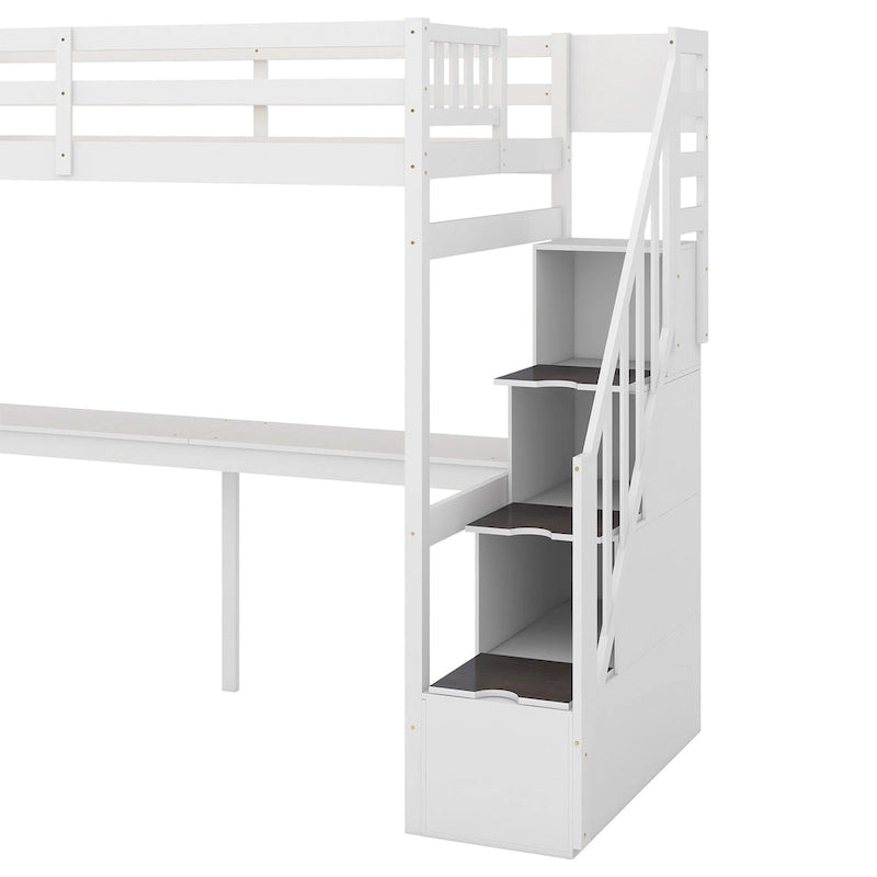 White Wood Loft Bed with Built-in Desk Storage Staircase Guardrail