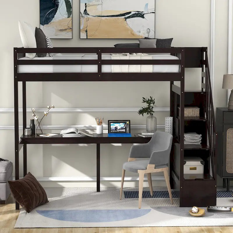 White Wood Loft Bed with Built-in Desk Storage Staircase Guardrail