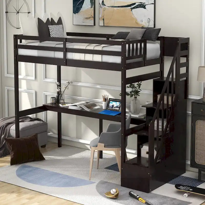 White Wood Loft Bed with Built-in Desk Storage Staircase Guardrail