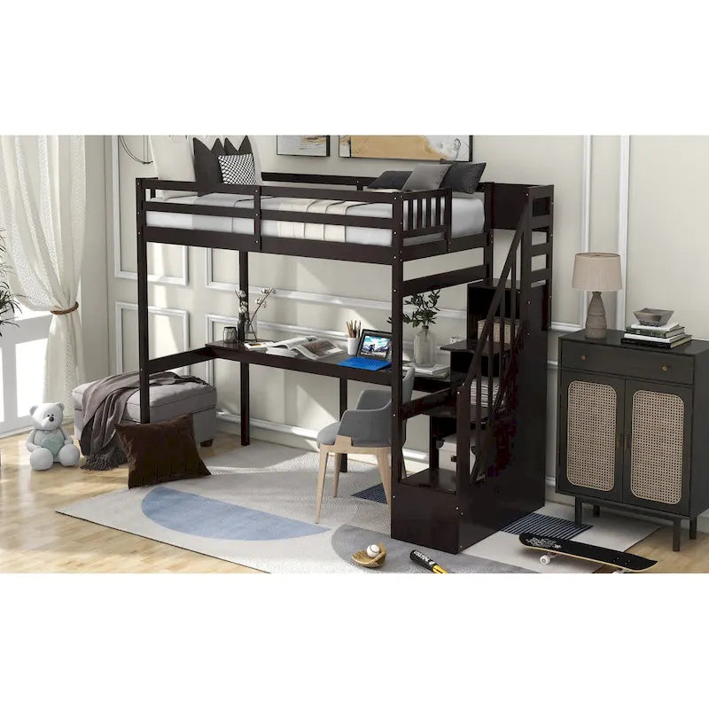 White Wood Loft Bed with Built-in Desk Storage Staircase Guardrail