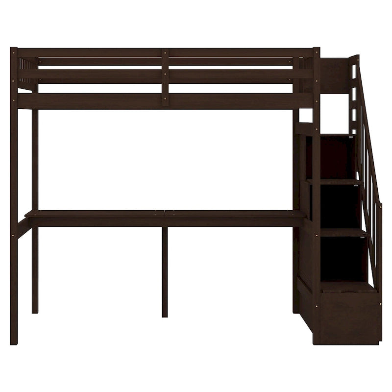 White Wood Loft Bed with Built-in Desk Storage Staircase Guardrail