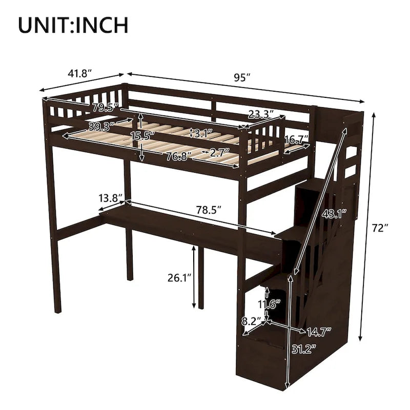White Wood Loft Bed with Built-in Desk Storage Staircase Guardrail