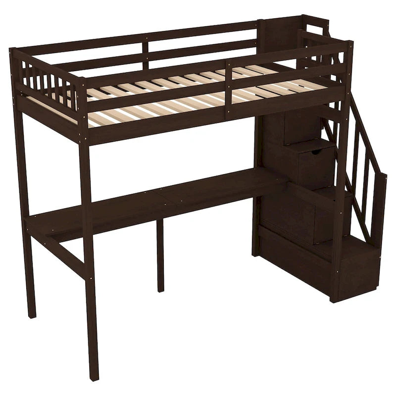 White Wood Loft Bed with Built-in Desk Storage Staircase Guardrail