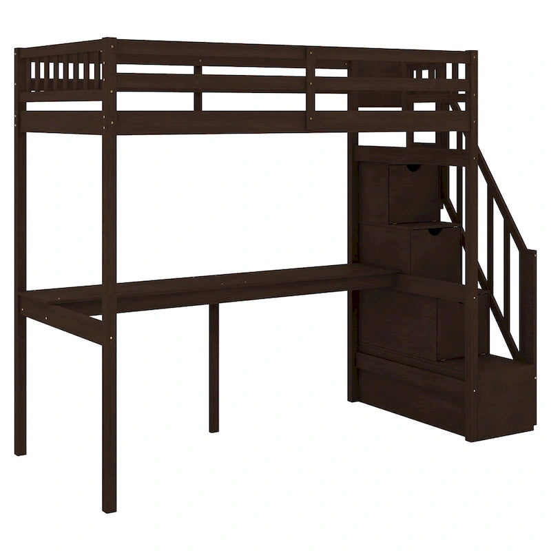 White Wood Loft Bed with Built-in Desk Storage Staircase Guardrail