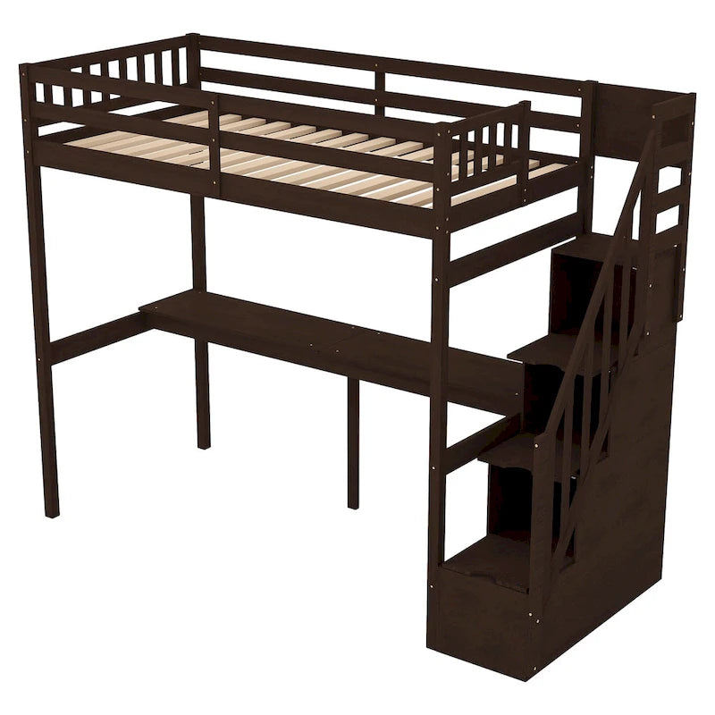 White Wood Loft Bed with Built-in Desk Storage Staircase Guardrail