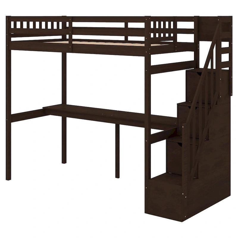 White Wood Loft Bed with Built-in Desk Storage Staircase Guardrail