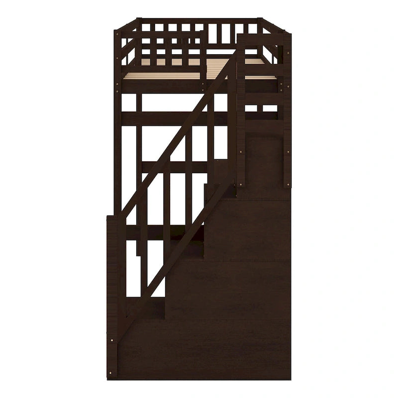 White Wood Loft Bed with Built-in Desk Storage Staircase Guardrail