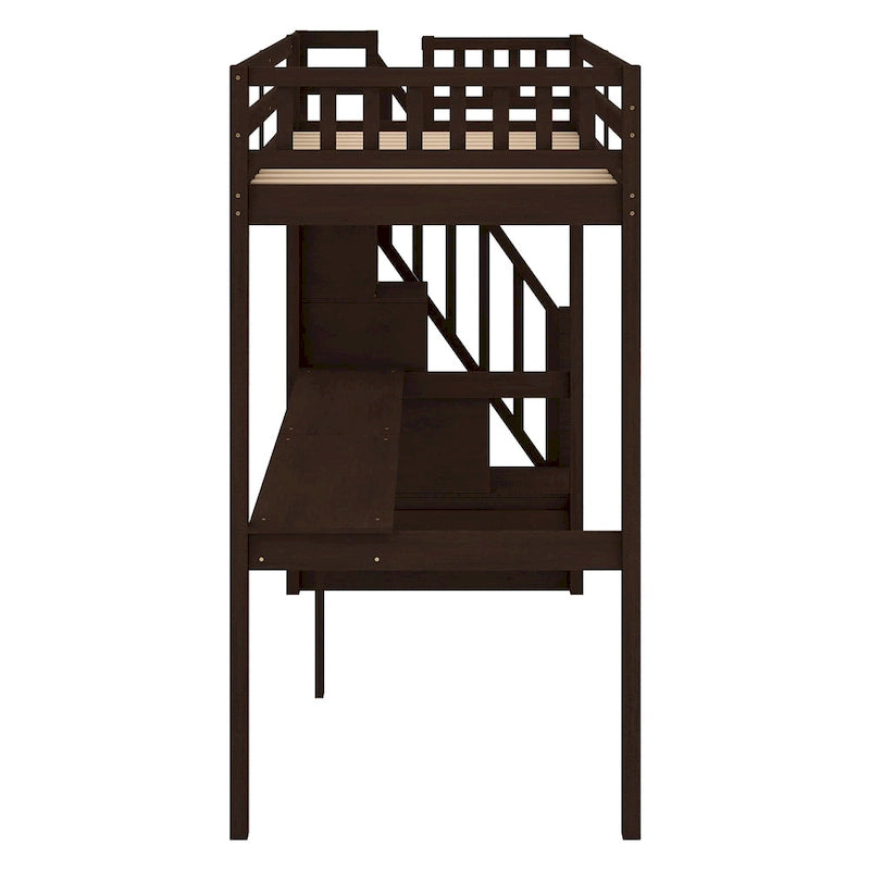 White Wood Loft Bed with Built-in Desk Storage Staircase Guardrail
