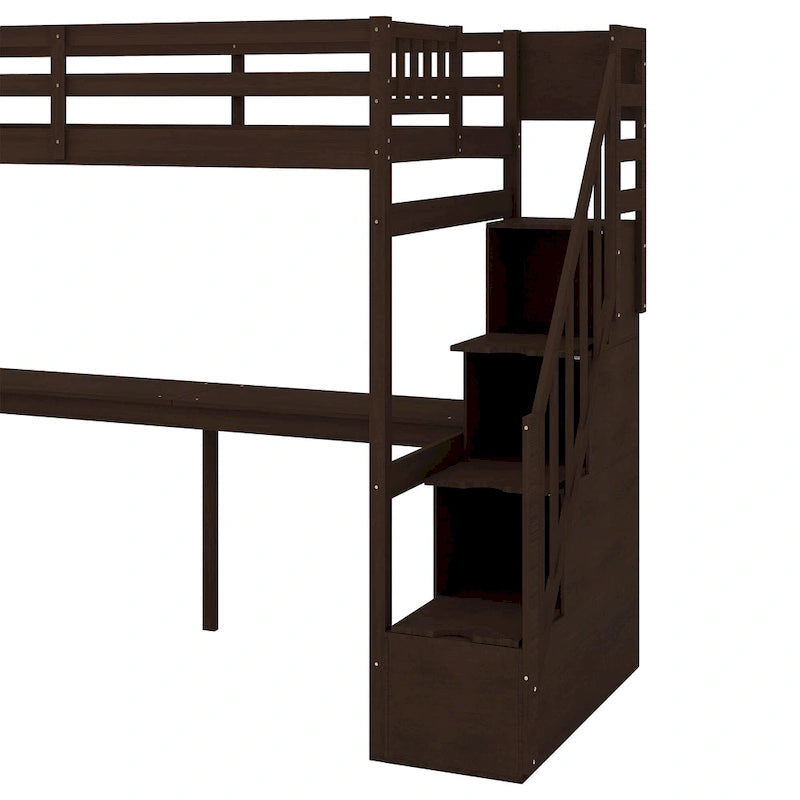 White Wood Loft Bed with Built-in Desk Storage Staircase Guardrail