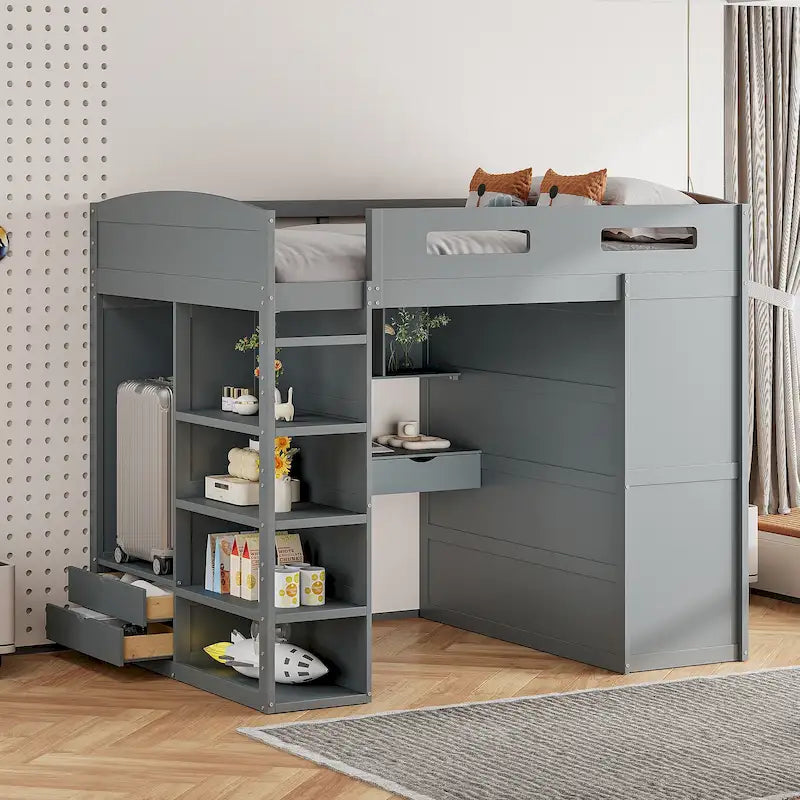 Wooden Loft Bed with Built-In Desk, Open Shelves, Drawers and Wardrobe, Grey/White