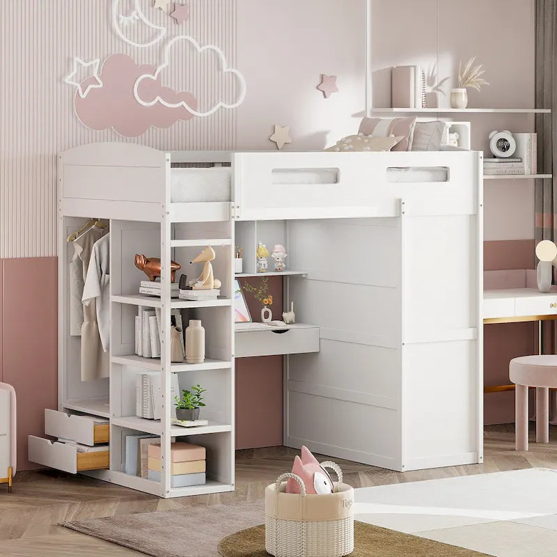 Wooden Loft Bed with Built-In Desk, Open Shelves, Drawers and Wardrobe, Grey/White