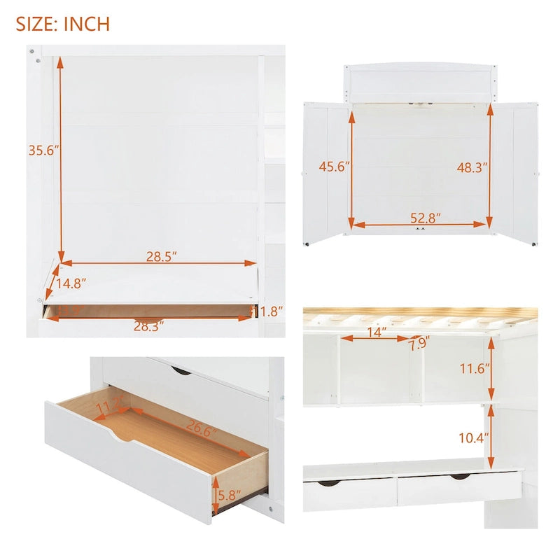 Wooden Loft Bed with Built-In Desk, Open Shelves, Drawers and Wardrobe, Grey/White