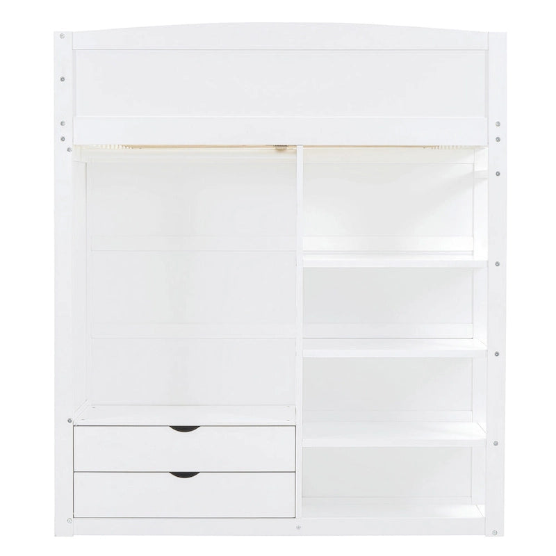 Wooden Loft Bed with Built-In Desk, Open Shelves, Drawers and Wardrobe, Grey/White