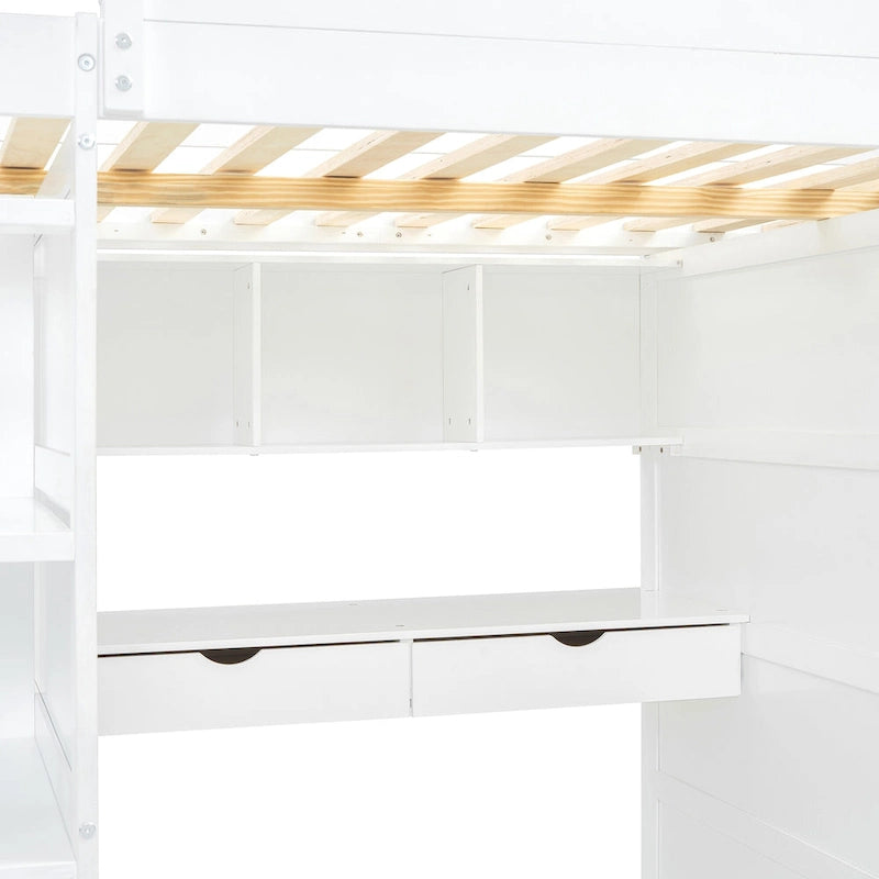 Wooden Loft Bed with Built-In Desk, Open Shelves, Drawers and Wardrobe, Grey/White