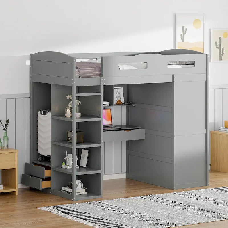 Wooden Loft Bed with Built-In Desk, Open Shelves, Drawers and Wardrobe, Grey/White