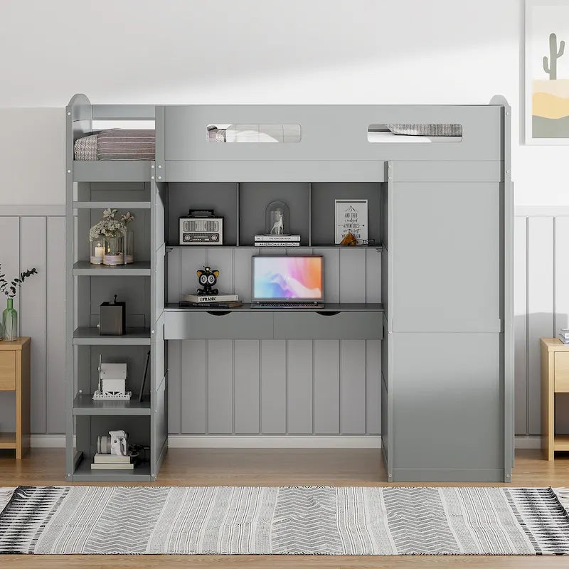 Wooden Loft Bed with Built-In Desk, Open Shelves, Drawers and Wardrobe, Grey/White