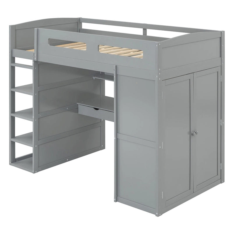 Wooden Loft Bed with Built-In Desk, Open Shelves, Drawers and Wardrobe, Grey/White