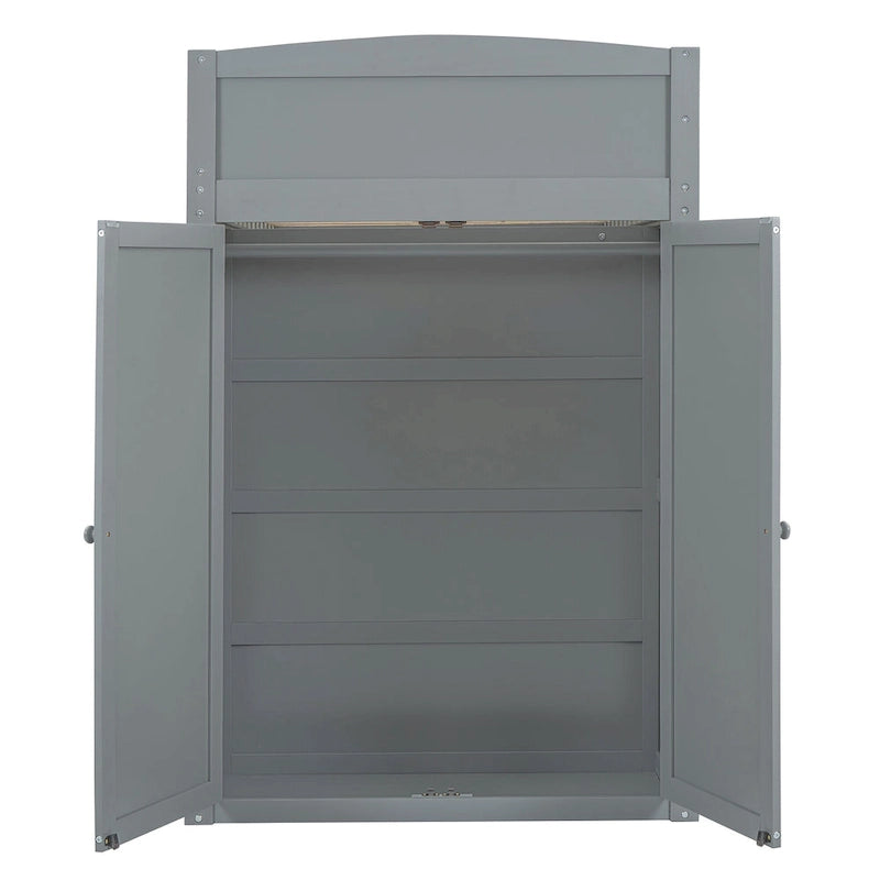 Wooden Loft Bed with Built-In Desk, Open Shelves, Drawers and Wardrobe, Grey/White