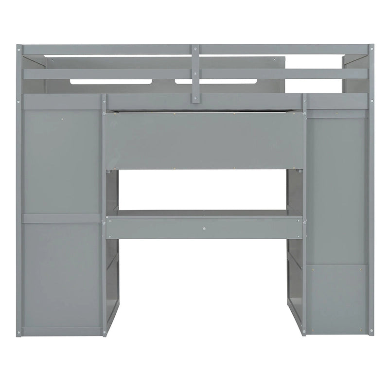 Wooden Loft Bed with Built-In Desk, Open Shelves, Drawers and Wardrobe, Grey/White