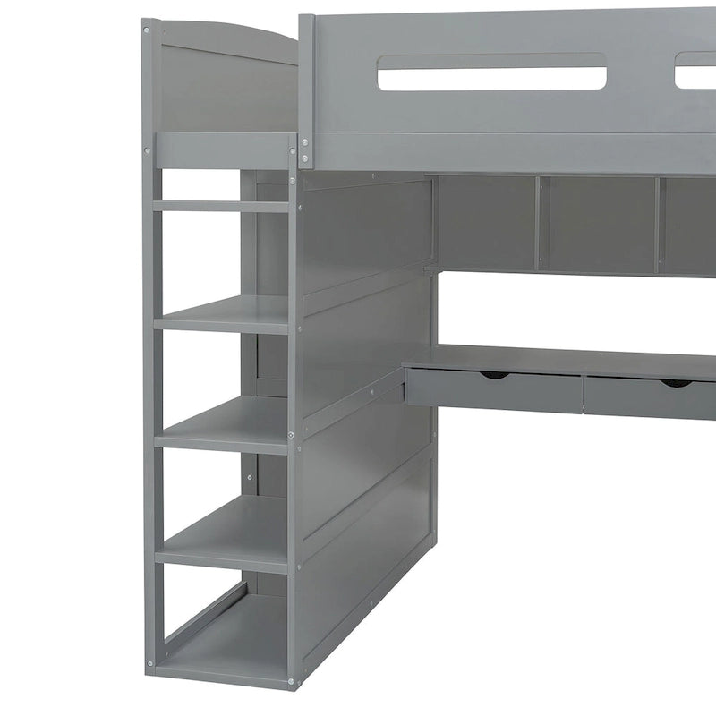 Wooden Loft Bed with Built-In Desk, Open Shelves, Drawers and Wardrobe, Grey/White