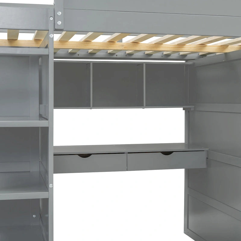 Wooden Loft Bed with Built-In Desk, Open Shelves, Drawers and Wardrobe, Grey/White