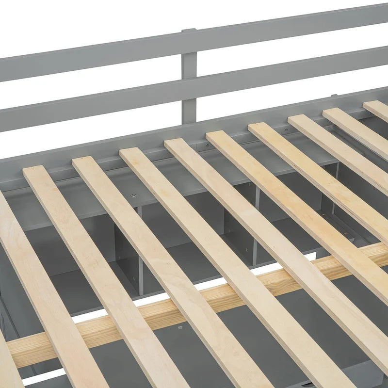 Wooden Loft Bed with Built-In Desk, Open Shelves, Drawers and Wardrobe, Grey/White