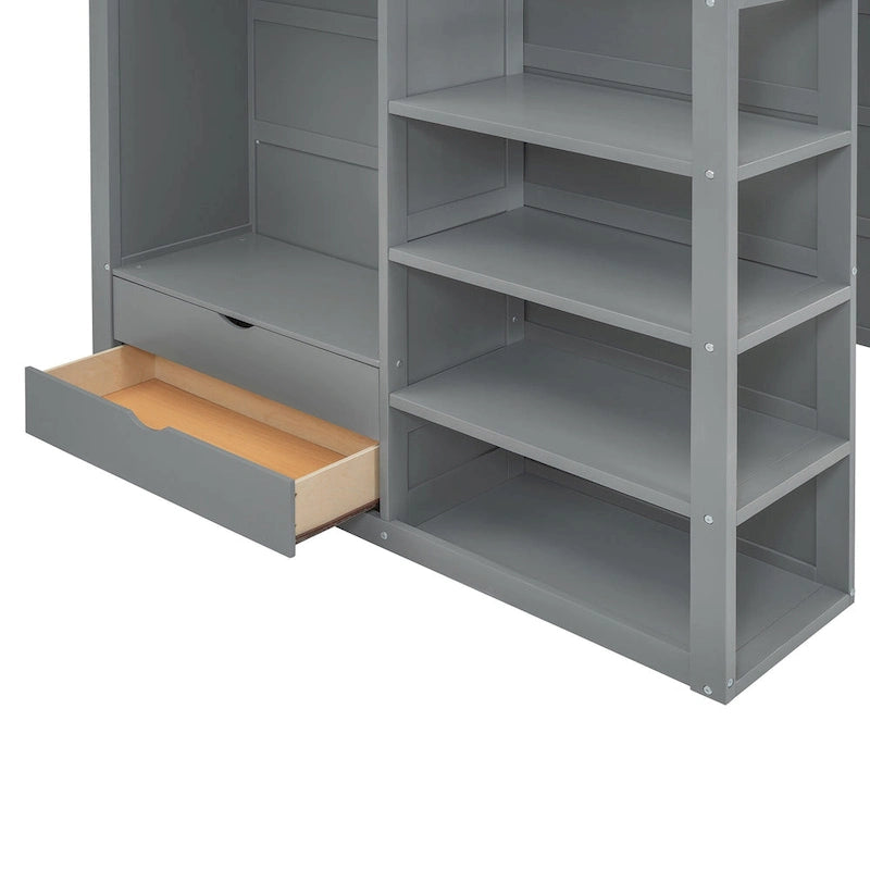 Wooden Loft Bed with Built-In Desk, Open Shelves, Drawers and Wardrobe, Grey/White