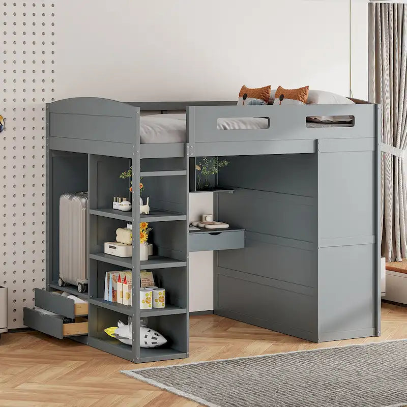 Wooden Loft Bed with Built-In Desk, Open Shelves, Drawers and Wardrobe, Grey/White