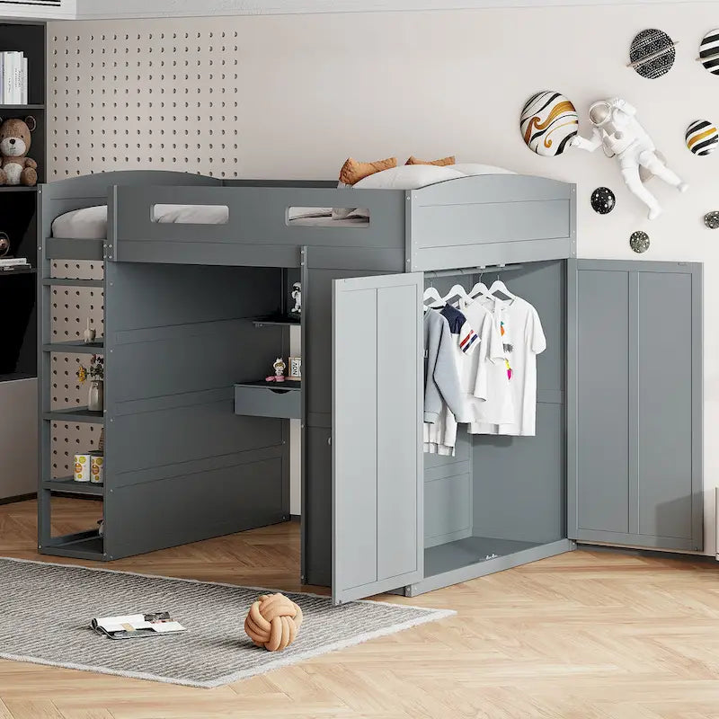 Wooden Loft Bed with Built-In Desk, Open Shelves, Drawers and Wardrobe, Grey/White