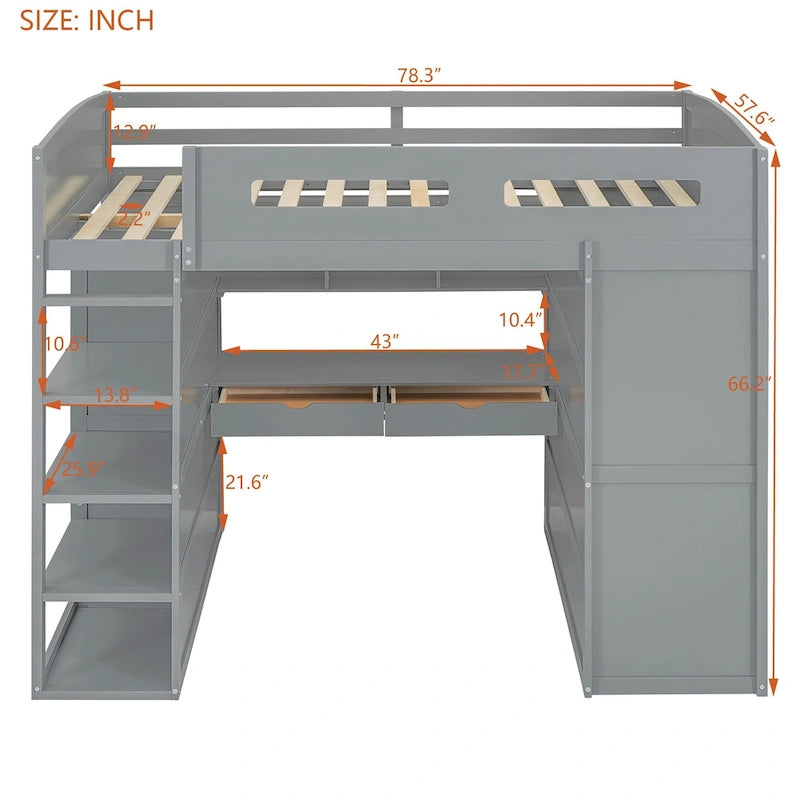 Wooden Loft Bed with Built-In Desk, Open Shelves, Drawers and Wardrobe, Grey/White