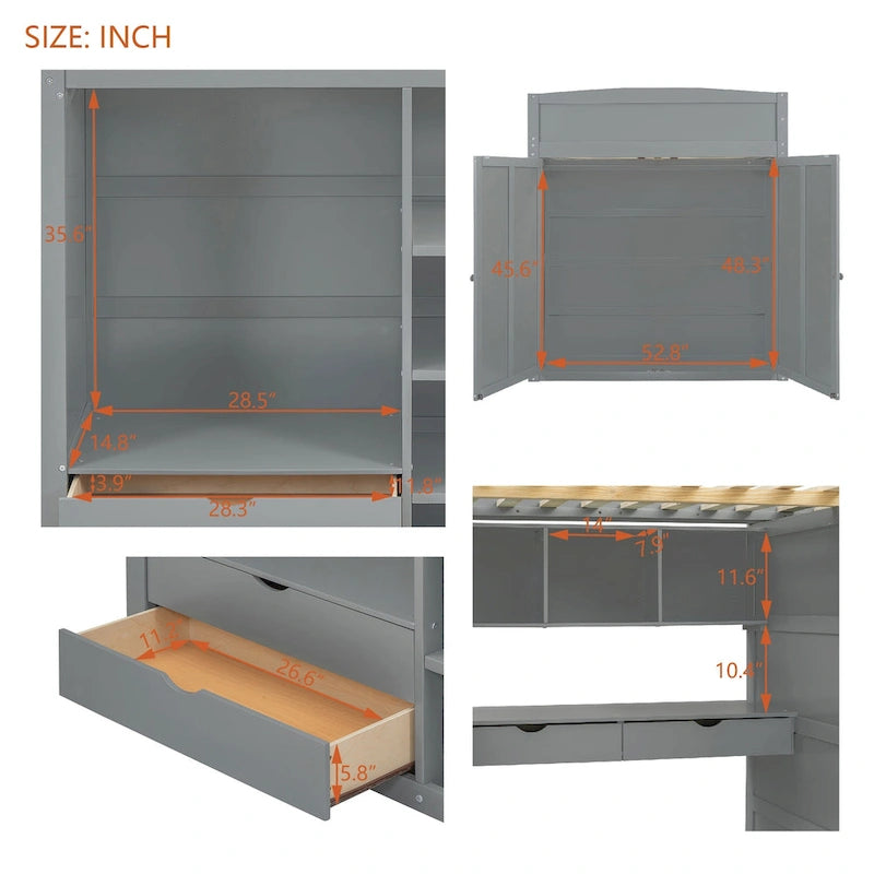 Wooden Loft Bed with Built-In Desk, Open Shelves, Drawers and Wardrobe, Grey/White