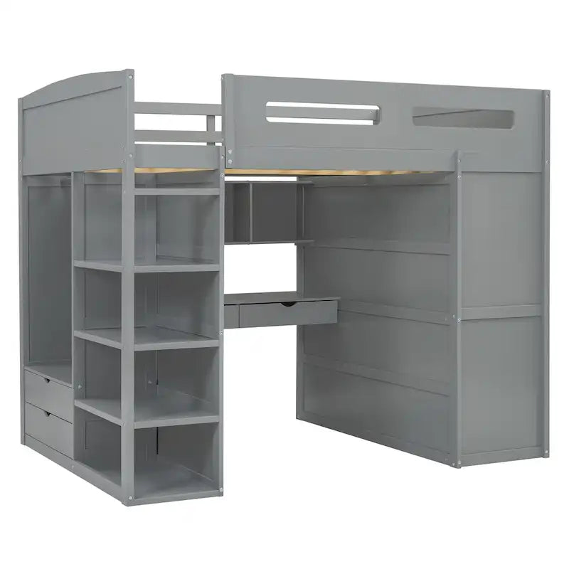 Wooden Loft Bed with Built-In Desk, Open Shelves, Drawers and Wardrobe, Grey/White