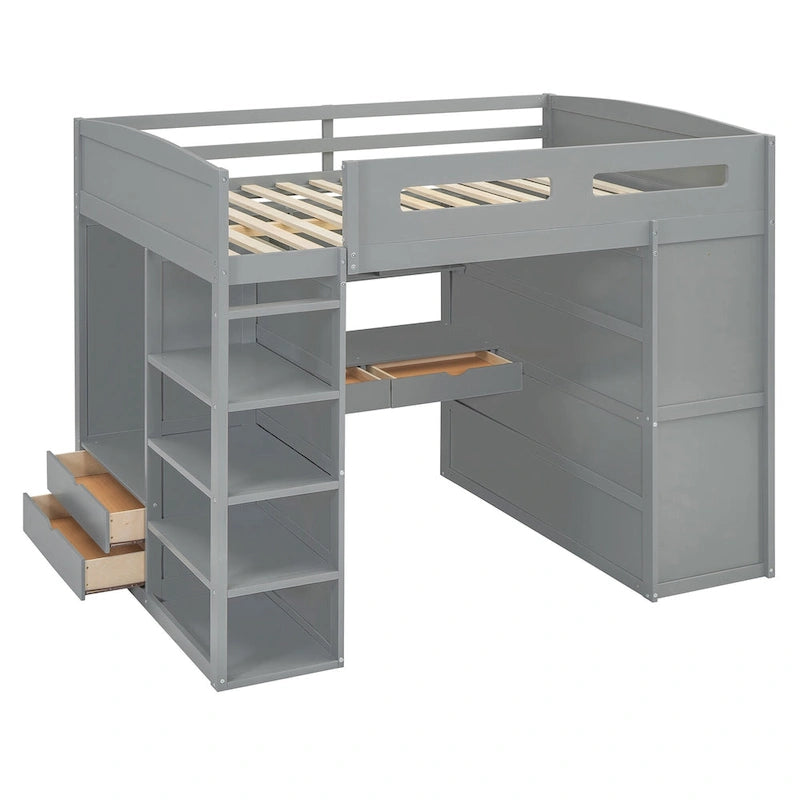 Wooden Loft Bed with Built-In Desk, Open Shelves, Drawers and Wardrobe, Grey/White