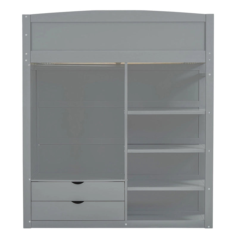 Wooden Loft Bed with Built-In Desk, Open Shelves, Drawers and Wardrobe, Grey/White