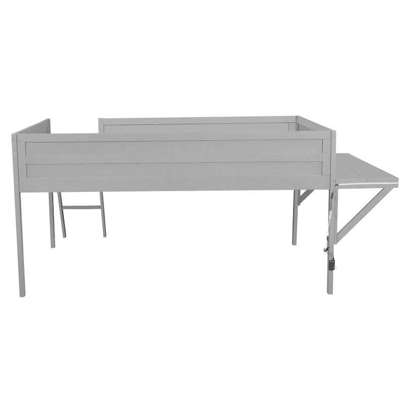 Grey Full Size Low Loft Bed Frame with Angled Ladder Solid Wood