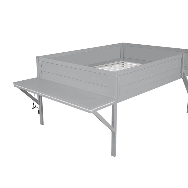 Grey Full Size Low Loft Bed Frame with Angled Ladder Solid Wood