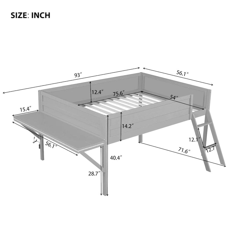 Grey Full Size Low Loft Bed Frame with Angled Ladder Solid Wood