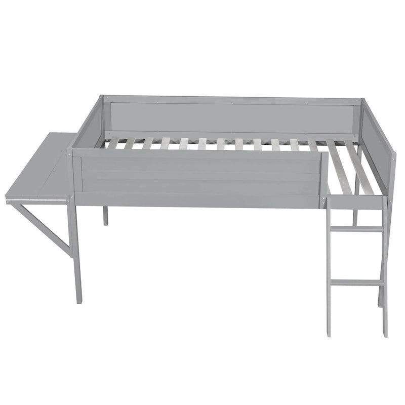 Grey Full Size Low Loft Bed Frame with Angled Ladder Solid Wood