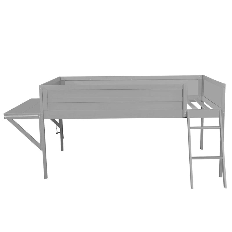 Grey Full Size Low Loft Bed Frame with Angled Ladder Solid Wood