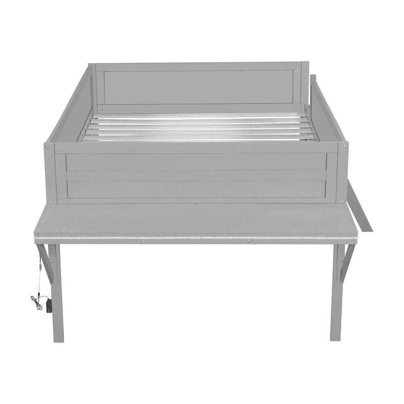Grey Full Size Low Loft Bed Frame with Angled Ladder Solid Wood