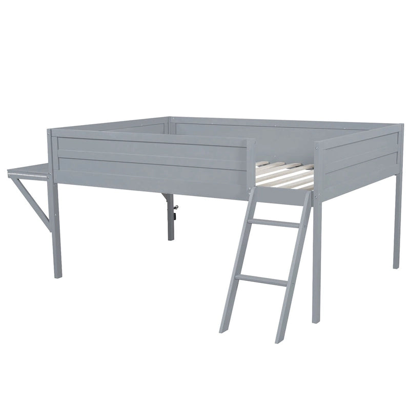 Grey Full Size Low Loft Bed Frame with Angled Ladder Solid Wood