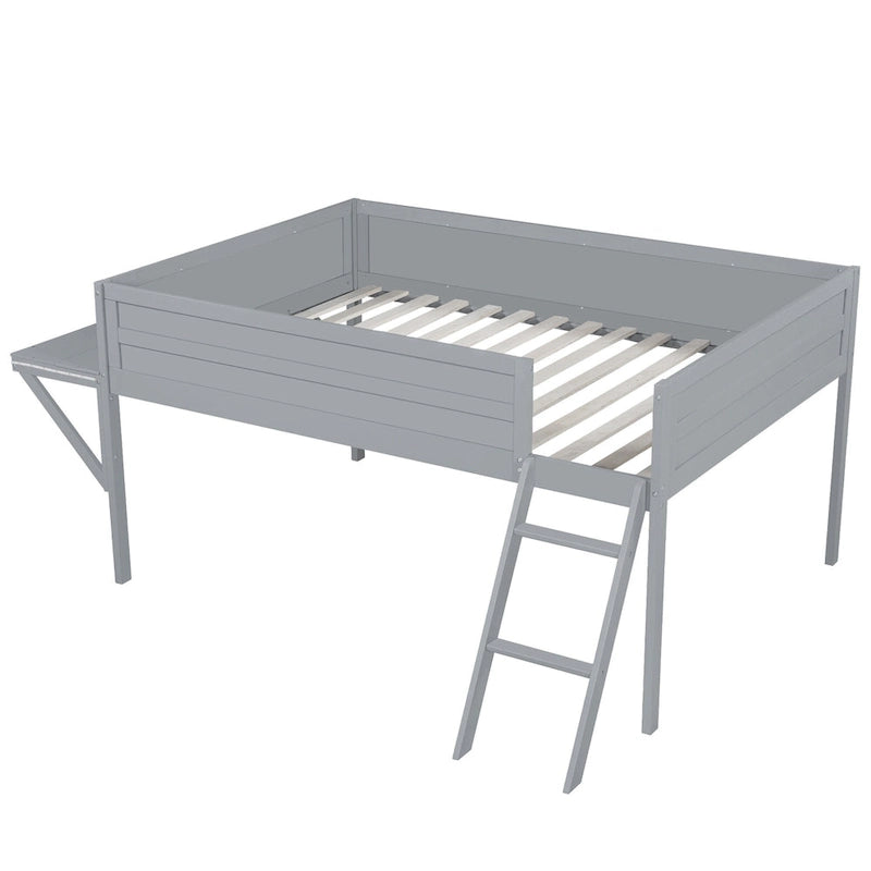 Grey Full Size Low Loft Bed Frame with Angled Ladder Solid Wood