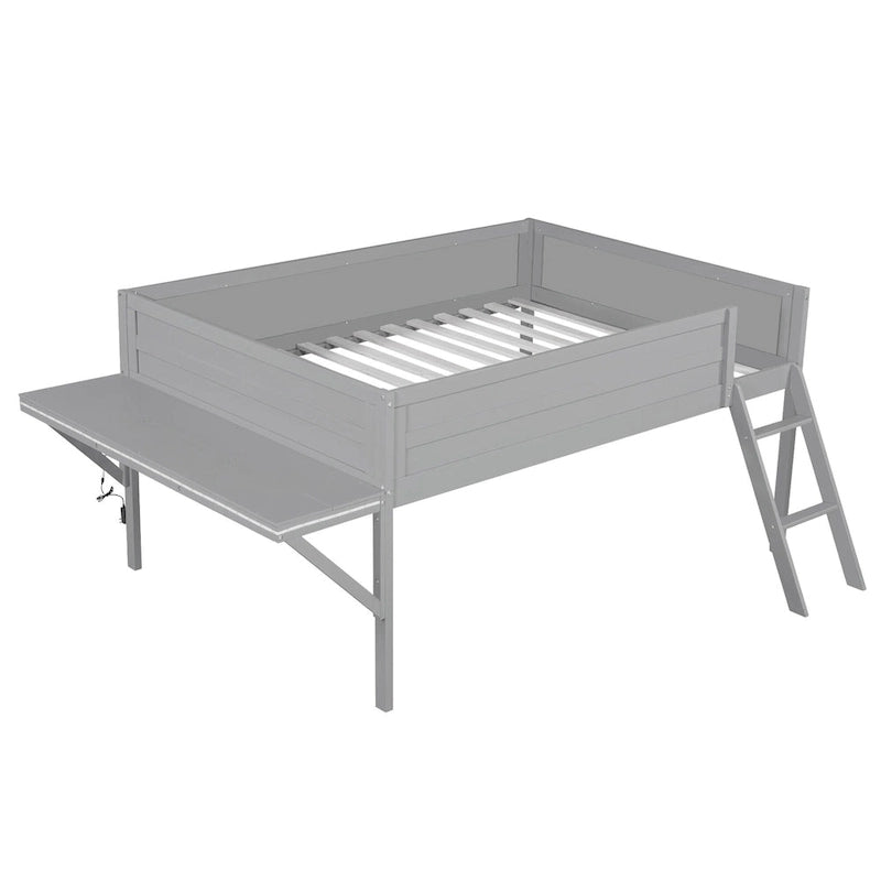 Grey Full Size Low Loft Bed Frame with Angled Ladder Solid Wood