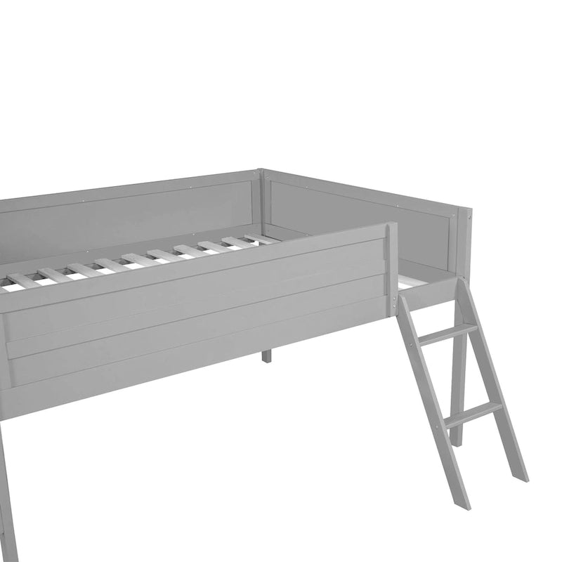 Grey Full Size Low Loft Bed Frame with Angled Ladder Solid Wood