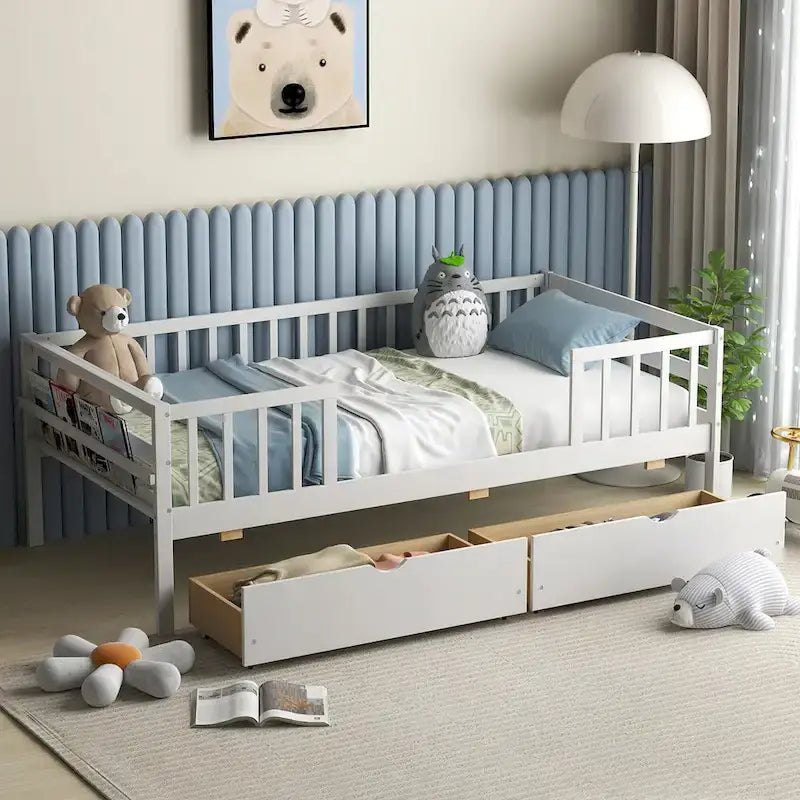 White Kids Daybed with Storage Drawers and Safety Fence Railings
