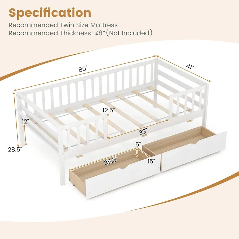 White Kids Daybed with Storage Drawers and Safety Fence Railings